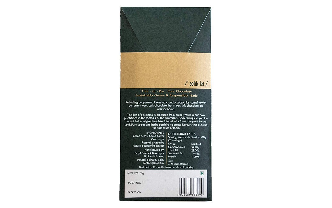 Soklet Mint And Nibs, 60% Dark Chocolate (Peppermint & Nibs)   Box  50 grams